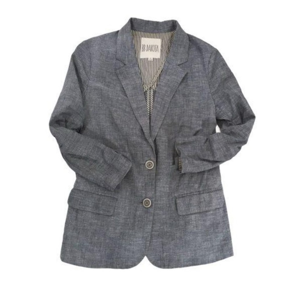 BB Dakota Blue Chambray Ruched Sleeve Blazer
